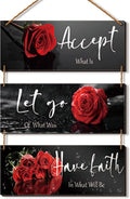 3 Pcs Red Decor Flower Rose Wall Art with Quotes for Girl Women Bathroom Living Room Bedroom Decor (Red Rose 10 x 4 Inch)