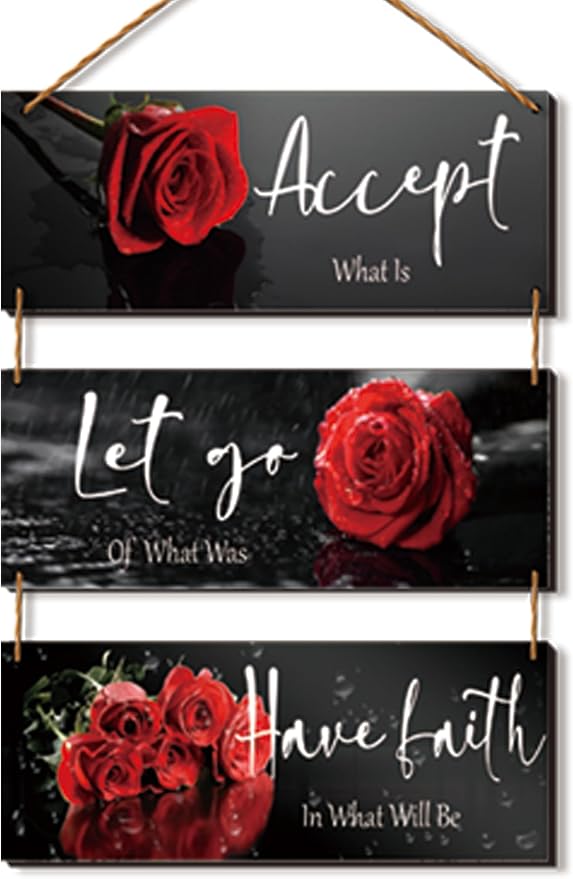 3 Pcs Red Decor Flower Rose Wall Art with Quotes for Girl Women Bathroom Living Room Bedroom Decor (Red Rose 10 x 4 Inch)