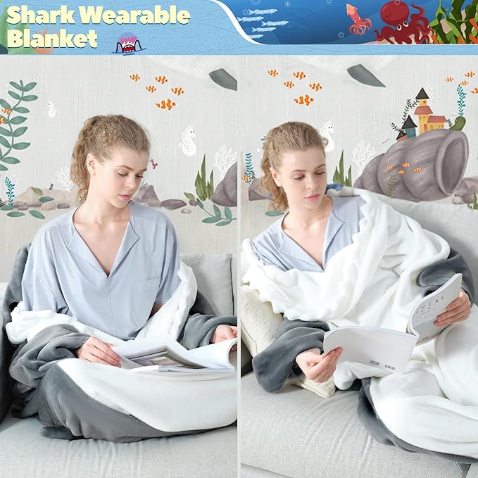 Touchat Shark Blanket for Adult Super Soft Cozy Flannel Throw Wearable Blanket, Cartoon Animals Shark Onesie Hoodie, Sleeping Bag Cosplay Shark Costume Blanket Gifts for Shark Lovers (Grey, M)