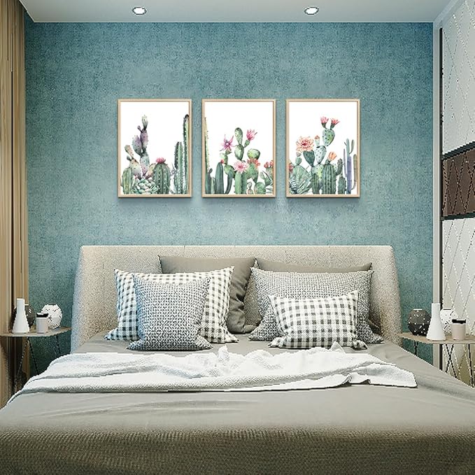 TTHYUEWS Wall Art For Living Room Wood Framed Wall Decor For Bedroom Canvas Framed Prints Art Green Succulent Cactus Wall Paintings Leaves Pictures Artwork Office Wall Art Kitchen Home Decoration