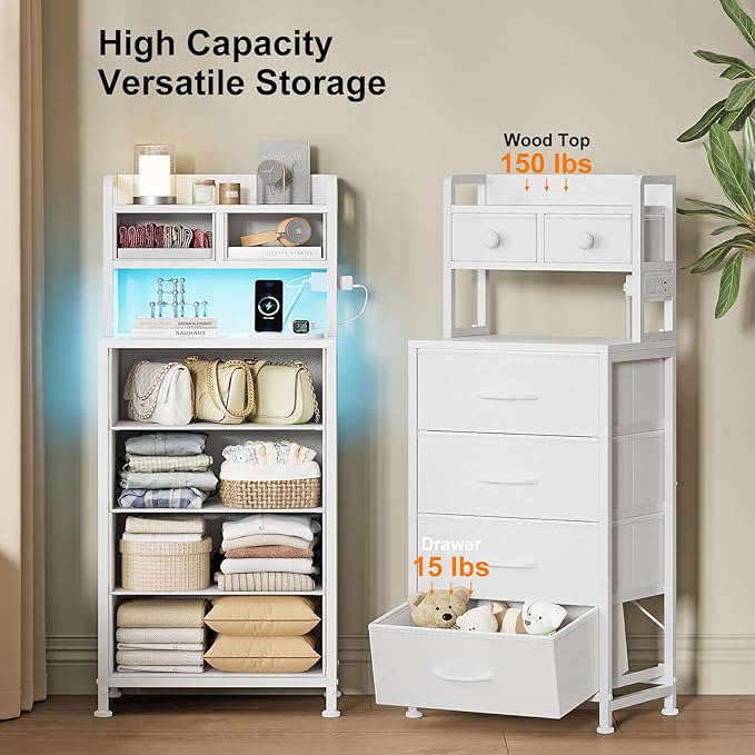 REAHOME 41 Inch Tall Nightstand with Charging Station, LED Night Stand with 6 Fabric Drawers, Bed Side Table with 3-Tier Wood Storage Shelves for Bedroom, Office, Small Spaces, White