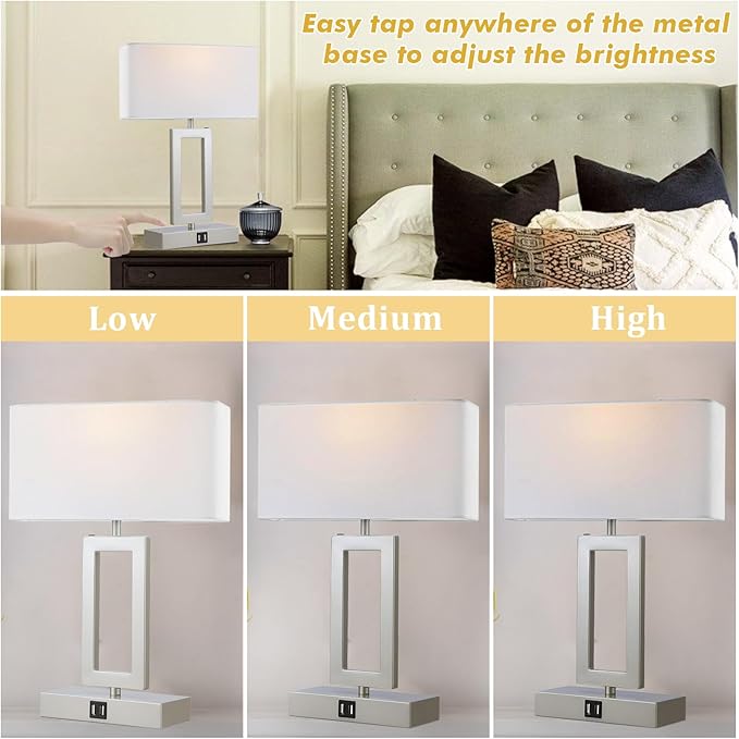 Silver Table Lamps Set of 2 with Dual USB Ports,3-Way Dimmable Touch Control Bedside Lamps,Modern Bedroom Table Lamp for Living Room,Nightstand LED Bulbs Included