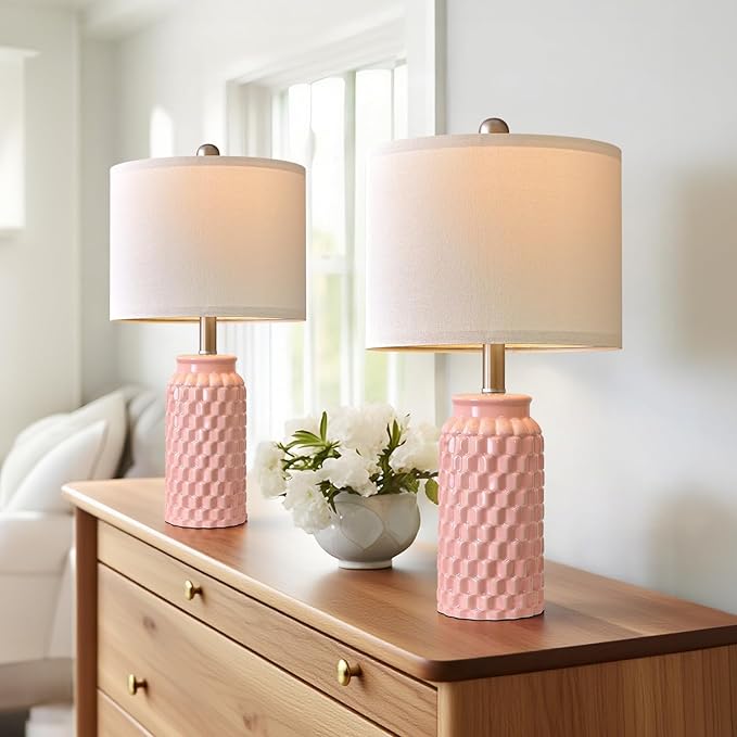 20.5" Small Bedside Lamps Set of 2 with 5FT Cord, Pink Ceramic Modern Farmhouse Table Lamps for Nightstand, Living Room, Bedroom, 3D Honeycomb Stylish End Table Lamps(Bulb Not Included)