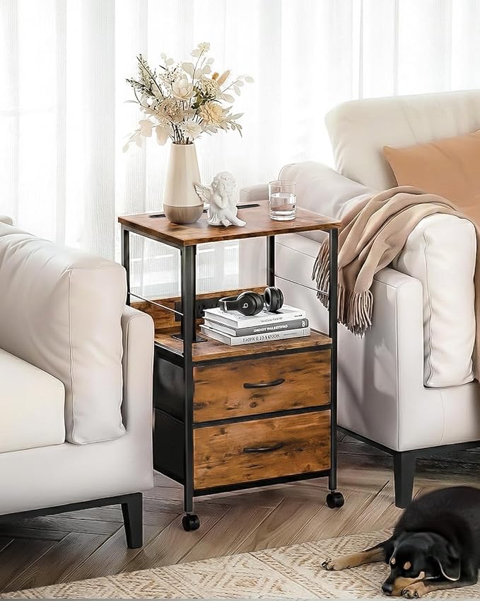 360° Swivel Nightstand with Height Adjustable, Lift Top Bedside Table with Charging Station, Rolling Night Stand with 2 Fabric Drawers, End Table with Wheels, for Bedroom, Living Room, Rustic Brown