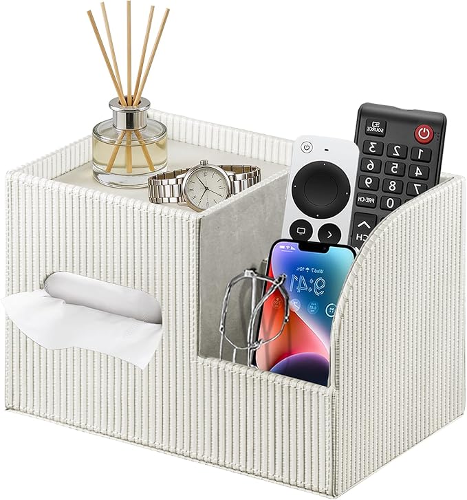 Fanousy Modern PU Leather Cube Tissue Box Cover with Storage Tray, Multifunctional Remote Control Holder & Facial Tissue Dispenser Organizer for Nightstand, Bathroom, Bedroom, Office & Home Decor