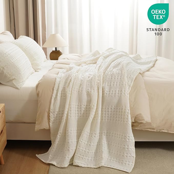 PHF 100% Cotton Waffle Weave Throw Blanket, Soft Lightweight Breathable Cozy Throws for Couch Bed Sofa, Luxury Aesthetic Blanket Gift for Home Decor & Office, 50"x60", Ivory