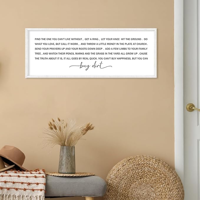 YWJKWLGS You Can't Buy Happiness But You Can Buy Dirt - 40x15 Inch Large Buy Dirt Sign, Rustic Wooden Farmhouse Wall Decor for Living Room, Kitchen, Country Home & Gardening Lovers (White)