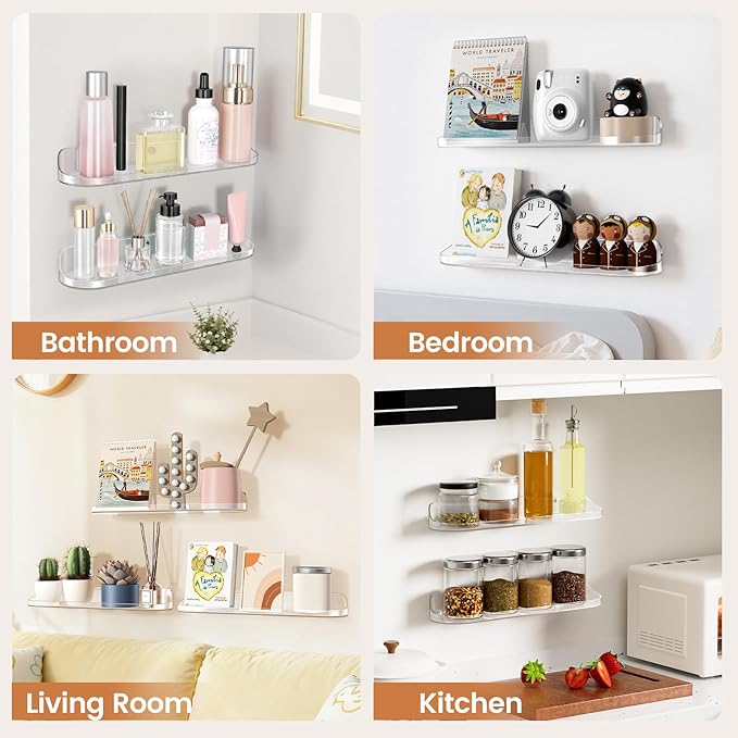 SpaceWhisper Floating Shelves for Wall, 4-Pack 15" Wall Shelves for Bathroom, Bedroom, Kitchen, Living Room, Display Hanging Shelf Organizer for Book, Picture Ledge, Figure Storage, Room Decor (Clear)