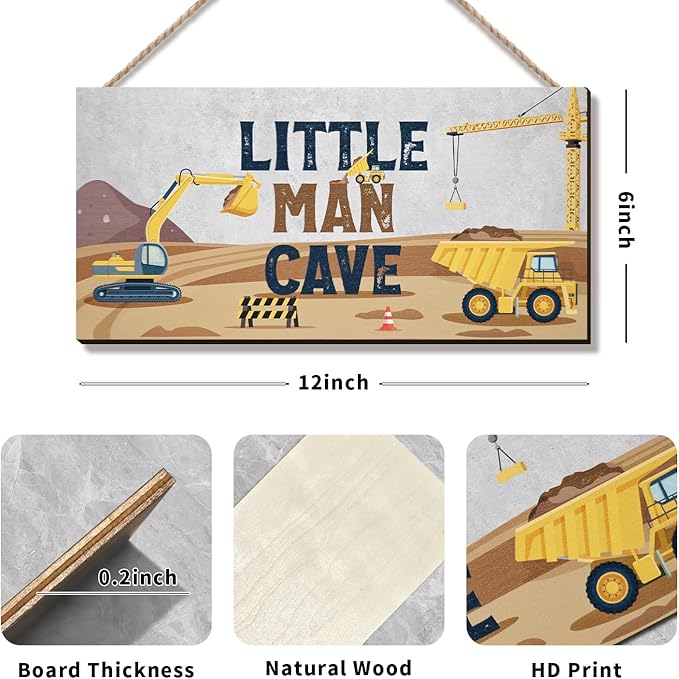 ZIEYOMI- Little Man Cave Sign Boys Room Decor, Construction Bedroom Decor Hanging Wall Art, Wooden Plaque Decorations for Nursery Boys Kids Toddler Playroom Living Room