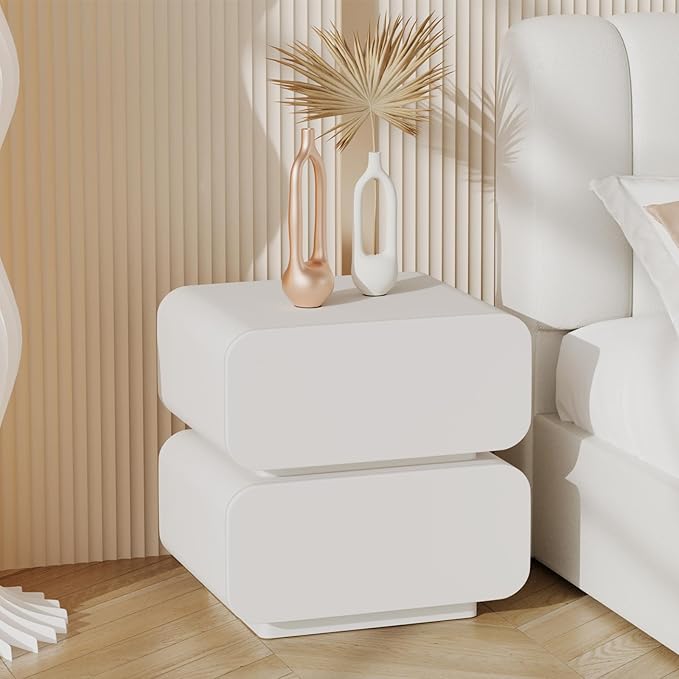 Nightstand with 2 Drawer, Bedside Table with Microfibre Leather, Fashion Night Stand for Bedroom, No Assembly Required (White, 2 Drawers Square)