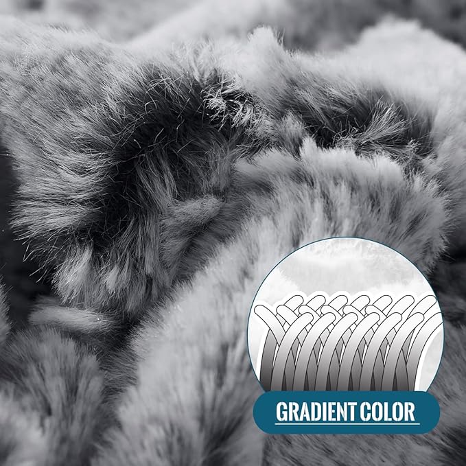 KAWAHOME Faux Fur Blanket Queen Size Winter Ultra Luxury Soft Cozy Warm Fluffy Plush Faux Rabbit Fur Blankets Quatrefoil Pattern for Couch Sofa Bed, 90" X 90" Dark Grey