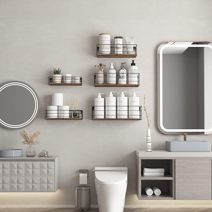 CRUGLA Floating Wall Shelves Set of 5, Wall Mounted Bathroom Shelves, Hanging Storage Shelf for Bathroom, Kitchen, Bedroom, Living Room