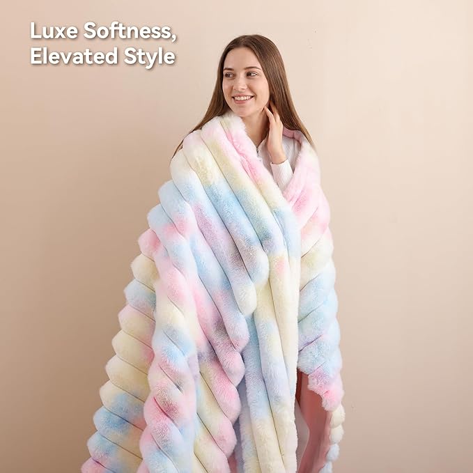 Smoofy Fluffy Faux Fur Throw Blanket - Super Soft Thick Plush Cozy Fuzzy Rabbit Fur, Luxury Warm Fleece Minky Stripe Blanket for Couch, Sofa, Room Decor Gift for Women, Colorful Rainbow Throw, 50x60