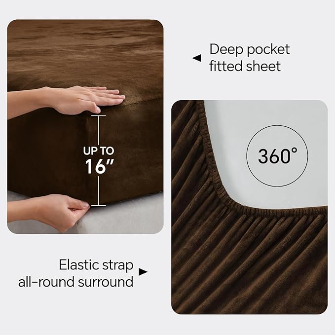 BEDELITE Flannel Sheets King Size Brown - Super Soft Fleece Sheets Set Fluffy Extra Plush, 4 Piece(Include Fitted Sheet, Flat Sheet, 2 Pillowcases)