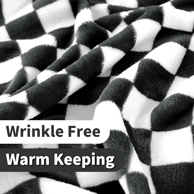 FY FIBER HOUSE Checkered Flannel Fleece Throw Blanket King Size Soft Cozy Checkerboard Grid Print Chessboard Gingham Pattern Blankets for Bed Couch Sofa, 90"x108", Black