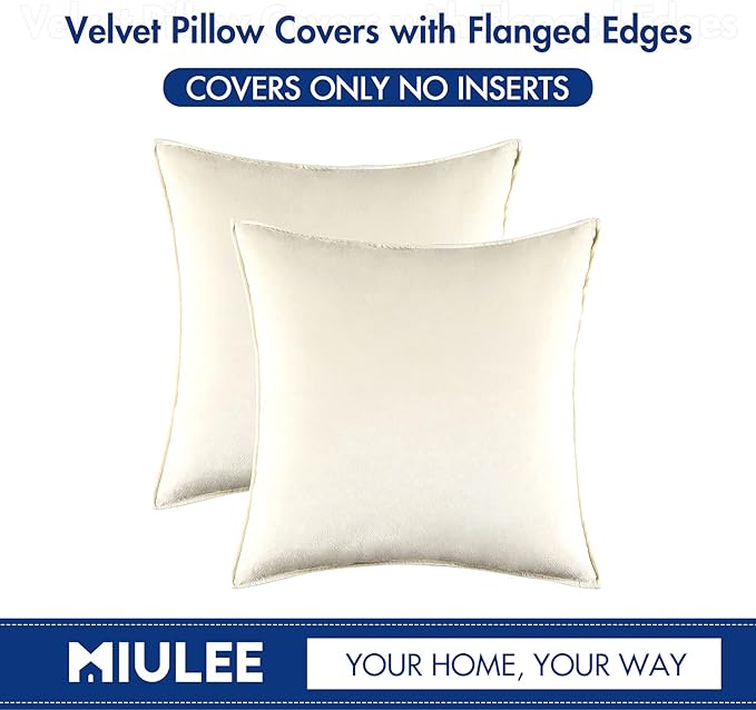 MIULEE Cream White Velvet Throw Pillow Covers 24x24 Soft Decorative Solid Square Euro Sham Cushion Cases Pack of 2 Modern Luxury Home Decor for Couch, Sofa, Bedroom