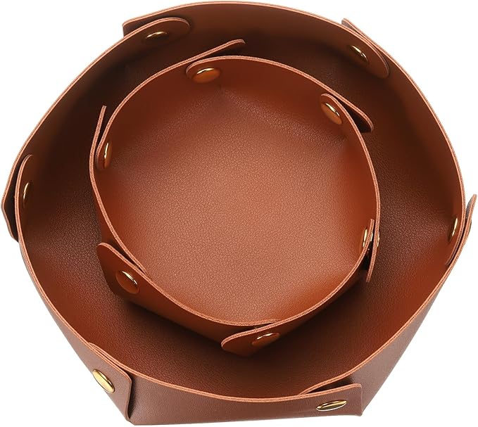 uxcell 2 Pcs Valet Tray for Women and Men, PU Leather Jewelry Tray Entryway Table Bedside Nightstand Catchall Storage Organizer for Jewelry Key Coin Watch Wallet (2 Size, Light Brown)