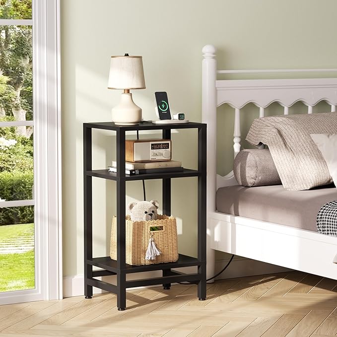 Tall Nightstand with Fast Charging Station, 3 Tier Small Table Stand for Small Space, Skinny Side Table with Type C and USB Port, End Tables for Living Room, Bedroom, Office, Black