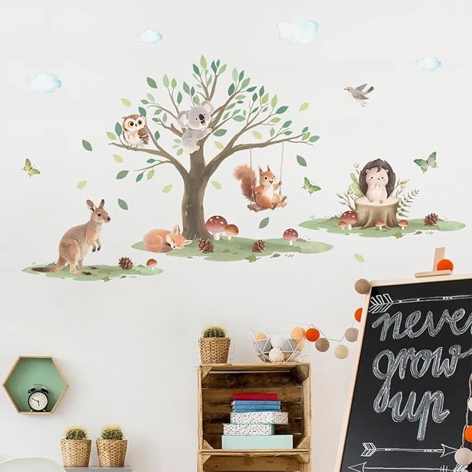 HLNIUC Jungle Animals Tree Double Sided Wall Decal(35”x24”)Safari Kangaroo Owl Squirrel Wall Sticker,Forest Koala Fox Bird Window Cling,Cartoon Woodland Hedgehog Room Stickers for Kids Bedroom,Nursery