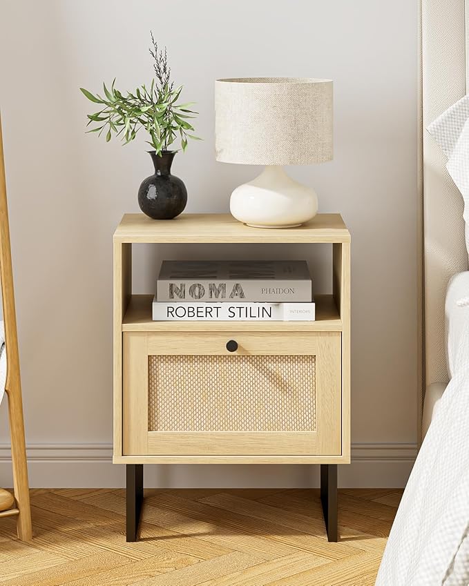 Rattan Nightstand, Mid Century Modern Night Stand,Boho Farmhouse Wood Bedside Table with Storage and Open Shelf, End Side Accent Table for Bedroom,Living Room,Oak
