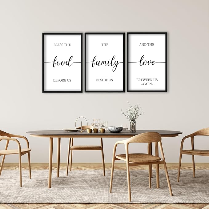 flowtorely Bless the Food Before Us Sign Wall Decor 16"×11" Set of 3 for Dining Room Kitchen Rustic Wood Framed Wall Hanging Art (Black)