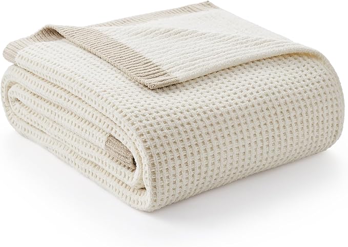 Amélie Home Waffle Throw Blanket for Couch Twin, Soft Cozy Chenille Knit Blanket Warm Decorative Throw for Sofa, Bed, Living Room, 60"x80", Ivory