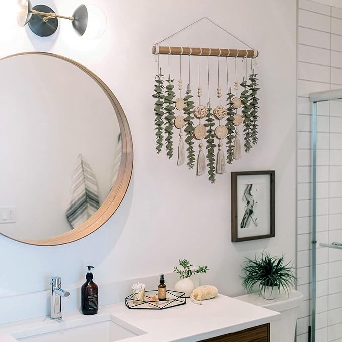 Boho Bathroom Decor Artificial Eucalyptus Hanging Wall Decor Fake Greenery Leaves Plants Wicker Ball on 16.5 inch Stick Rustic Farmhouse Natural Bedroom Kitchen Nursery Office Decorations