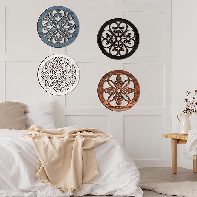 Yulejo 4 Pcs Thicken Rustic Wall Decor Farmhouse Wall Art Wooden Hollow Carved Design Rustic Round Art for Living Room Bedroom Hallway Decor Kitchen(15.7 x 15.7 Inch,groovy Style,Assorted Color)