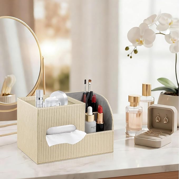 Fanousy Modern PU Leather Cube Tissue Box Cover with Storage Tray, Multifunctional Remote Control Holder & Facial Tissue Dispenser Organizer for Nightstand, Bathroom, Bedroom, Office & Home Decor