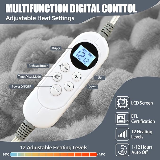 Heated Blanket Throw 50" x 60" Soft Ribbed Faux Fur Flannel Fast Heating 12 Heat Levels 1–12H Timer & Overheat Protection & Auto Shut-Off & ETL FCC & Machine Washable Heated Throw