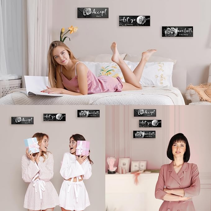 3 Pcs Black White Wall Decor Inspirational Wooden Flower Wall Art White Roses Bathroom Decor with Accept Let Go Have Faith Positive Quotes for Women Living Room Bedroom(White Rose 16X5")