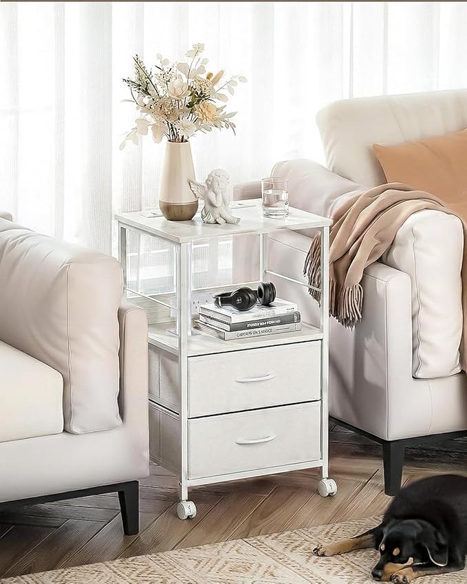 360° Swivel Nightstand with Height Adjustable, Lift Top Bedside Table with Charging Station, Rolling Night Stand with 2 Fabric Drawers, End Table with Wheels, for Bedroom, Living Room, White