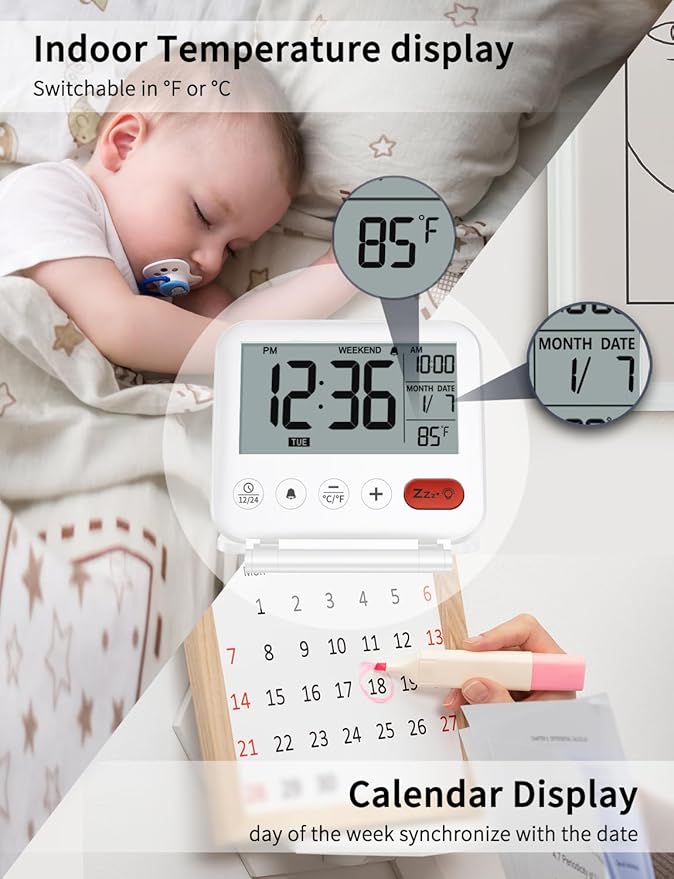 NOKLEAD Digital Travel Alarm Clock - 3.23 inch LCD Display, Temperature, 9-Minute Snooze, 10s Backlight, Battery Included (White)