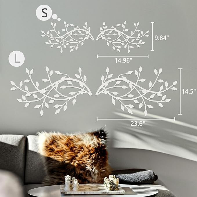 Meltset Metal Tree Leaf Wall Decor, Vine Olive Leaf Branch Wall Art,Wrought Iron Artwork, Decorative Wall Sculptures Above The Bed, Living Room, Indoor and Outdoor (S/White)
