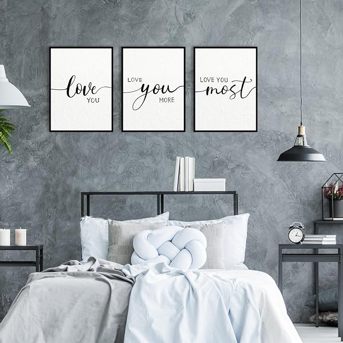 Love You More Wall Decor: 3 Piece Love Quotes Wall Art Over Bed Decor,Love Sign Framed Modern Master Bedroom Wall Decor for Couples,Romantic Minimalist Bedroom Pictures Living Room Decor 12"x16"