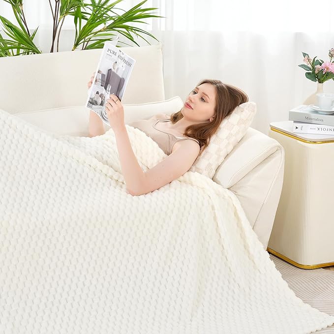 Zyrah White Fleece Twin for Couch Super Soft Twin Blanket 3D Imitation Turtle Shell Jacquard Decorative Cozy Blankets for Sofa Chair Bed 60x80 Inches