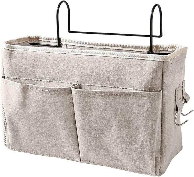 Jeanoko Nightstand Hanging Bag Cotton Linen Bedside Storage Pocket Organizer Basket Hanging Bed Storage Organizer Bag Bed Basket for Bunk Bed Dorm Rooms (White)