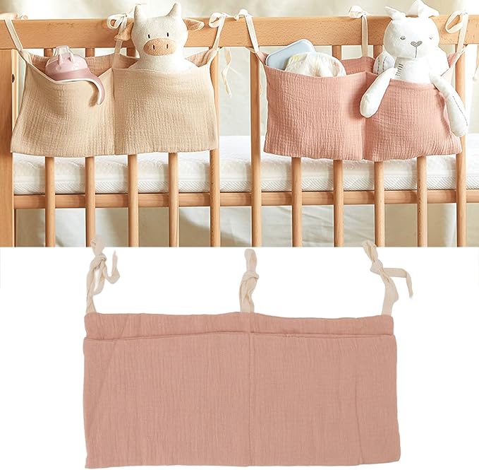 Diaper Caddy, Pure Cotton Cloth Baby Bedside Hanging Storage Bag Diaper Stacker Crib Organizer Hanging for Crib 2 Pockets Adjustable Strap Organizer for Baby Cribs and Toys