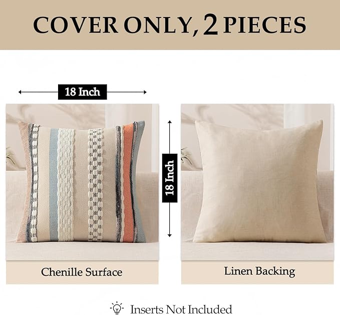 ANRODUO Pack of 2 Boho Decorative Throw Pillow Covers 20x20 Farmhouse Cushion Case Striped Chenille Pillow Cases Square Pillow Covers Accent Neutral Pillowcase for Sofa Couch Bed, Orange-Blue Stripe