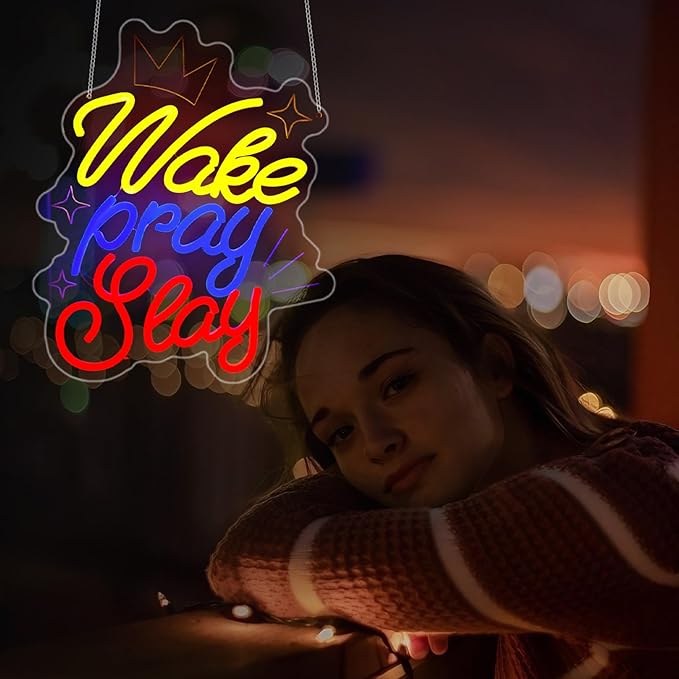 Wake Pray Slay Neon Sign, Neon Signs for Wall Decor Neon LED Signs Room Neon Light Up Signs Home Decor for Bedroom Club Party Bar Shop USB Operated