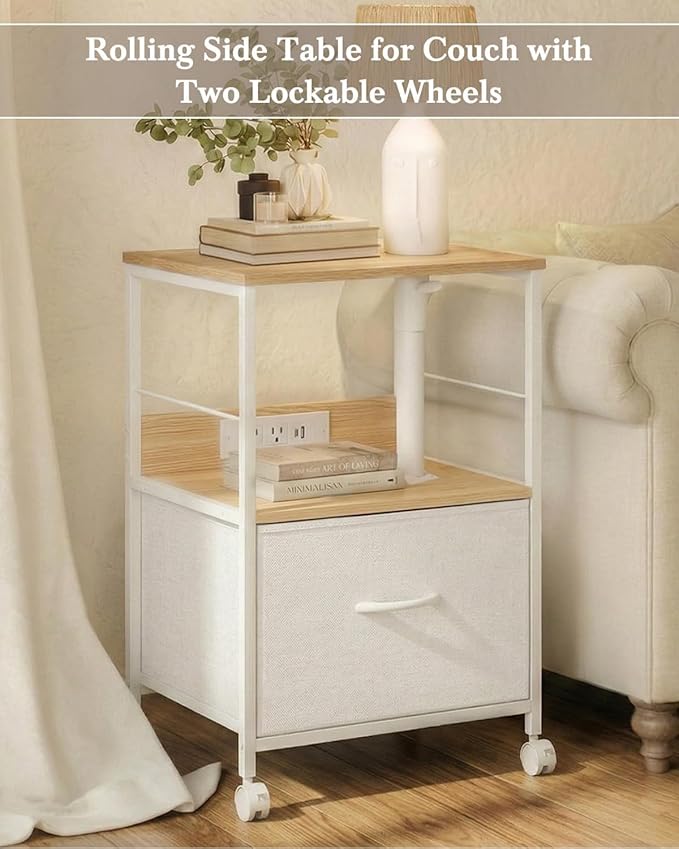360° Swivel Nightstand with Height Adjustable, Lift Top Bedside Table with Charging Station, Rolling Night Stand with Fabric Drawer, End Table with Wheels, for Bedroom, Living Room, Natural White