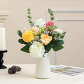 Fake Flowers in Ceramic Vase, Artificial Flowers Indoor with White Vase for Dining Table Décor, Faux Eucalyptus Flowers Arrangements for Bedroom Home Office Plants Floral Decor（Red Brown）