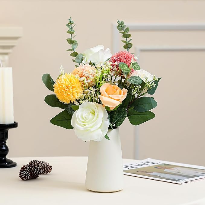 Fake Flowers in Ceramic Vase, Artificial Flowers Indoor with White Vase for Dining Table Décor, Faux Eucalyptus Flowers Arrangements for Bedroom Home Office Plants Floral Decor（Red Brown）