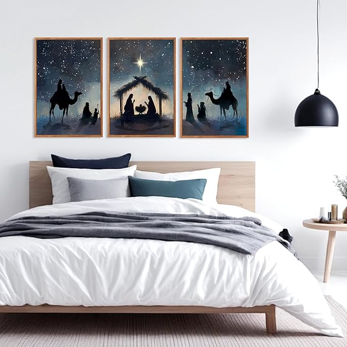 CHDITB Christian Nativity Framed Canvas Wall Art, Bible Joseph Mary And Baby Jesus Wall Decor,Birth of Jesus Scene Painting, Religious Biblical Art Prints For Prayer Room Bedroom 12”X16”x3