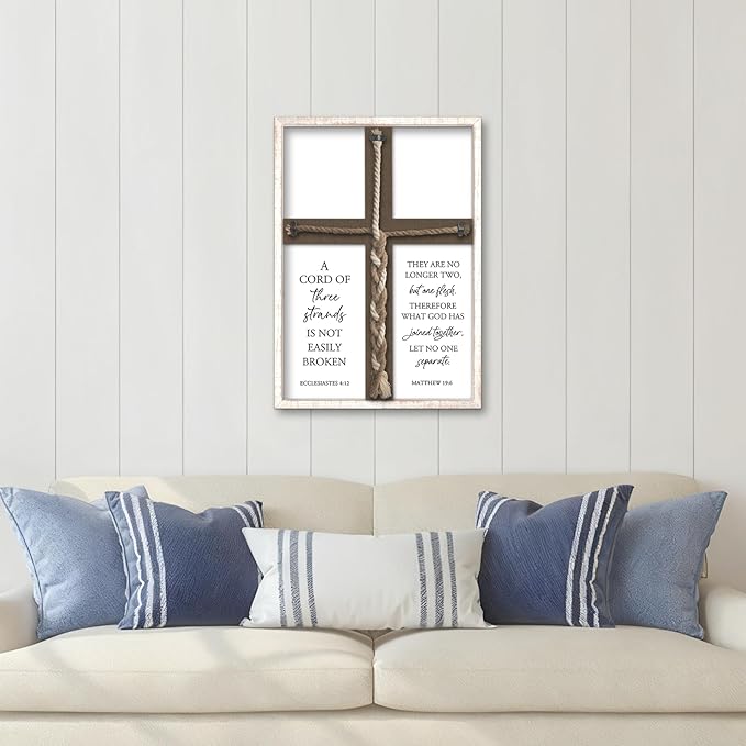 YWJKWLGS A Cord of Three Strands Wedding Ceremony Sign 22x16 Inch Anniversary Unity Knot Cross Christian Marriage Prayer Art Ideas Braid Rope Wall Decor for Couple Religious Wood Framed (White)