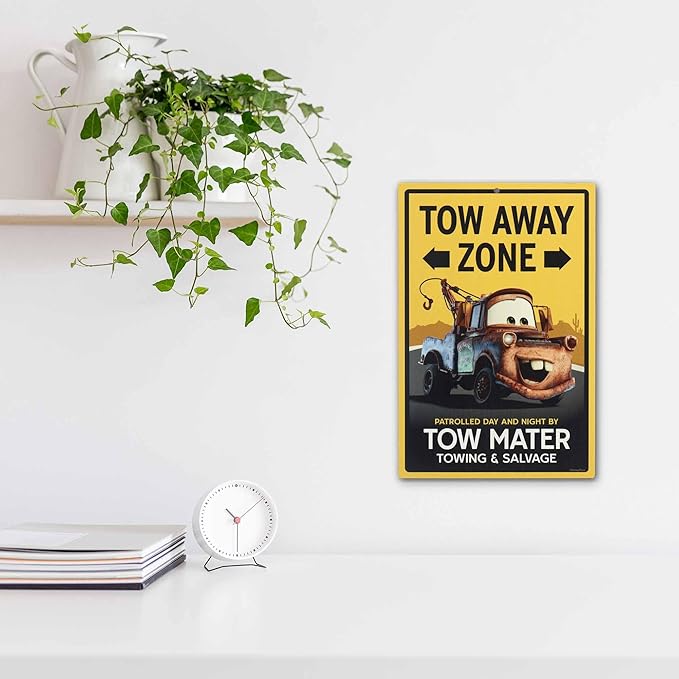 Disney Pixar Cars Tow Mater Tow Away Zone Metal Wall Decor - Fun Cars Sign for Kids' Bedroom or Garage
