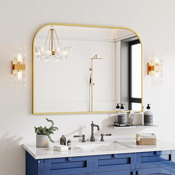 Gold Wall Mounted Bathroom Mirror - 48 x 30 Inch Round Cruved Top Right Angle Bottom Wall Mirror, Aluminum Metal Framed, Decor for Living Room, Bedroom, Fireplace, Mantle, Entryway