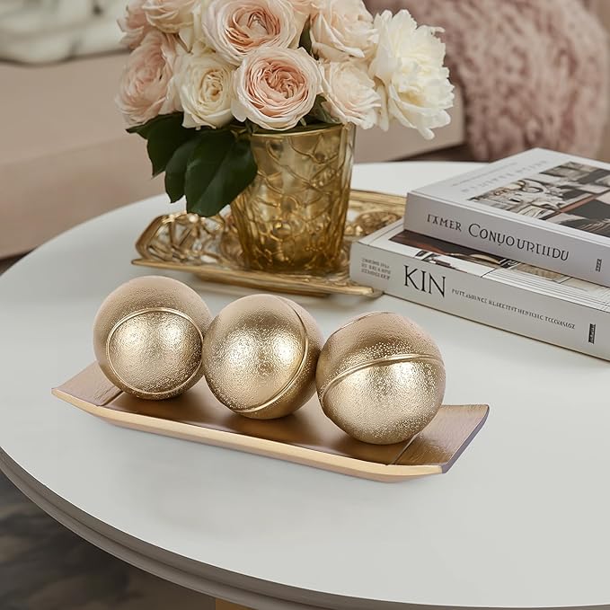 LCCCK Decorative Tray with Balls Set, Gold Decor Orbs TV Stand, Coffee Table Centerpiece, Elegant Orbs Decorative Balls for Dining Kitchen Console Fireplace Decor Centro De Mesa De Comedor
