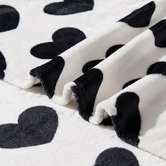 FY FIBER HOUSE Heart Flannel Queen Blanket Soft Cozy Blankets for Lover Gifts All Season Use, 90x90 Inches, Black White