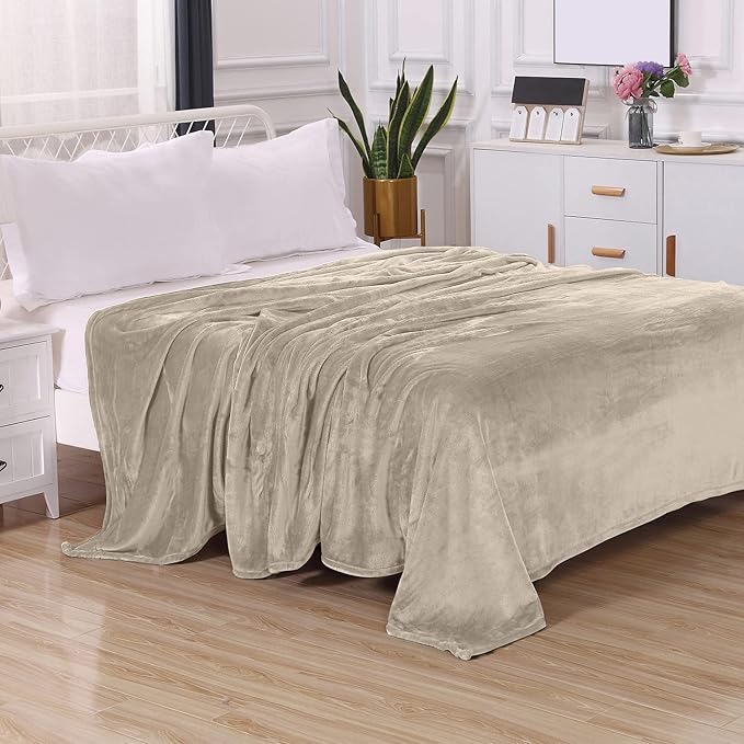 Elegant Comfort Luxury Velvety Feel Blanket, All-Season Lightweight Blanket, Ultra Plush, Soft, Cozy-Fuzzy Flannel Fleece for Couch, Sofa, Bed, Travel, Solid Design, King/California King, Cream-Beige